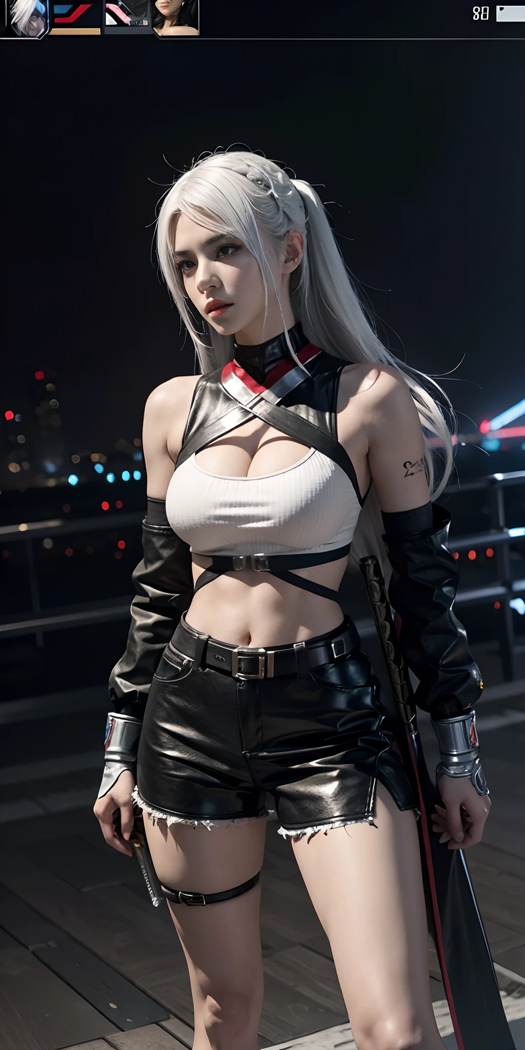 a close up of a person in a costume with a sword, as a character in tekken, female character, tifa lockhart with white hair, katana zero video game character, lunar themed attire, kda, slim body, cyborg - girl with silver hair, upper body avatar, fashion gameplay screenshot, fighting game character, new character, floralpunk elysian maiden, sigma female