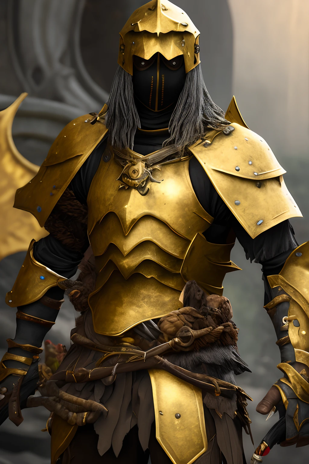 Valking warrior with gold armor volanco background --ar 2:3 realistic 8k no face epic