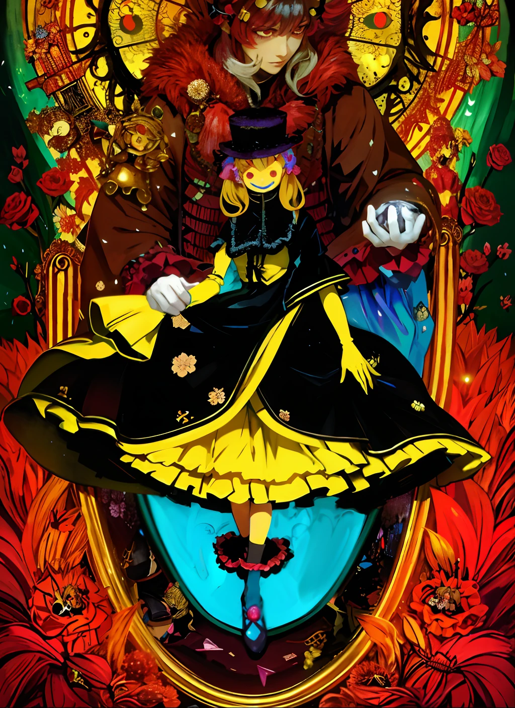 Doll in dress, umineko, official artwork, from touhou, baroque visual kei decora art, style of masami kurumada, touhou project official artwork, Official art, touhou character, Anime Art Nouveau, anime cover, Touhou Project, Alice in Wonderland Cyberpunk, 1man and 1doll,smiling doll,yellow skin doll,blue jewel,wizard,man in red,crystal ball