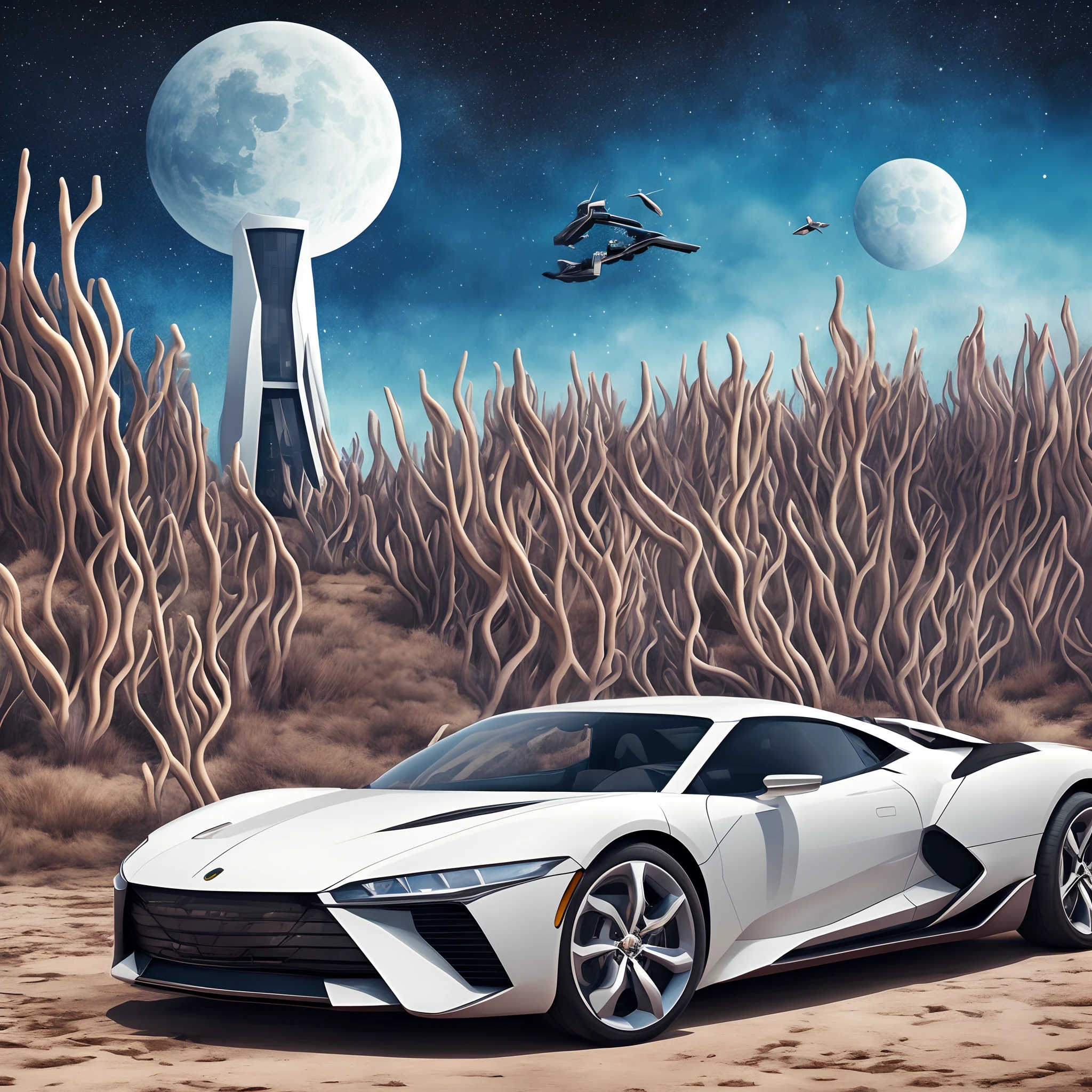 a close up of a white sports car parked in front of a futuristic building, futuristic concept design, inspired by Mike Winkelmann, futuristic design, monolithic retro futuristic, futuristic house, inspired by Adrian Zingg, surreal steampunk a scary beaver biomechanic as engineer wear work helmet buiding the Dam in dark lake,crowd of many dry-tree-branches, children, make it in watercolor, cartoon style with faded edges , in the style of tim burton, john kenn mortensen and leonora carrington, bizzarre, wacky, mixed media, surrealism painting, a journey into my imagination, detailed, elegant, intricate, 4 k, scary painting, futuristic style, stunning render, in a futuristic desert palace, futuristic architecture concept, futuristic in the desert, futuristic setting, luxury hd render, futuristic palace --auto --s2