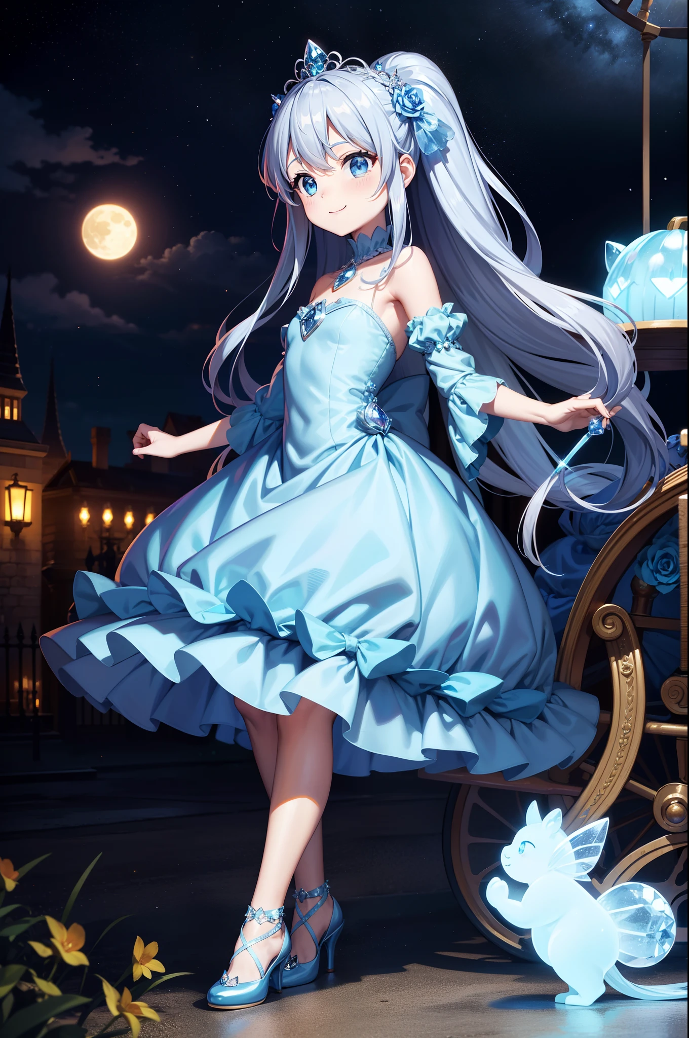 Pumpkin carriage,(Pumpkin carriage on background),Fairy World,one girls,adorable smiling、Light blue long hair、Twin-tailed、Full body like,Cinderella,Long Blue Crystal Dress,Moonlight,Long steps,Crystal Shoes,Long grey hair