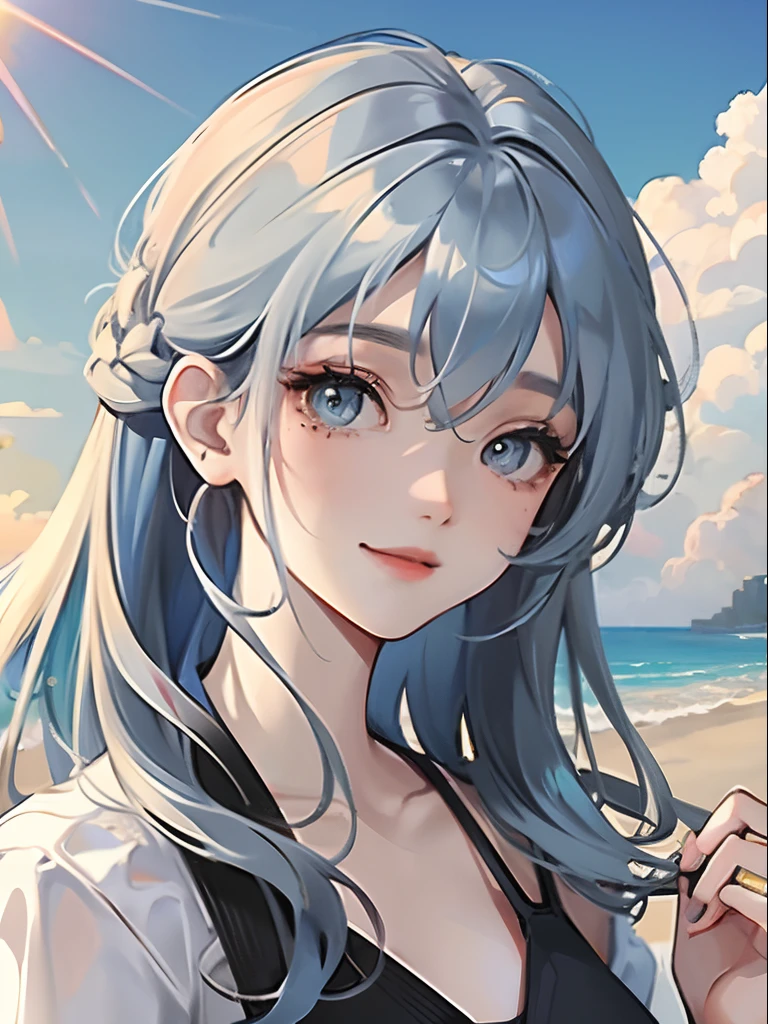 Silver hair with blue gradient at tips、a beauty girl、girl with、waist-up、Curly hair、Curled tip hair、Vertical hair roll、Beautiful girl with fair skin、、happily face、Have flowers、high-level image quality、Warm Yang、Smiling woman at seaside、Town Girl、moles on face、Beach、Wear a swimsuit and shirt、Dye cheeks