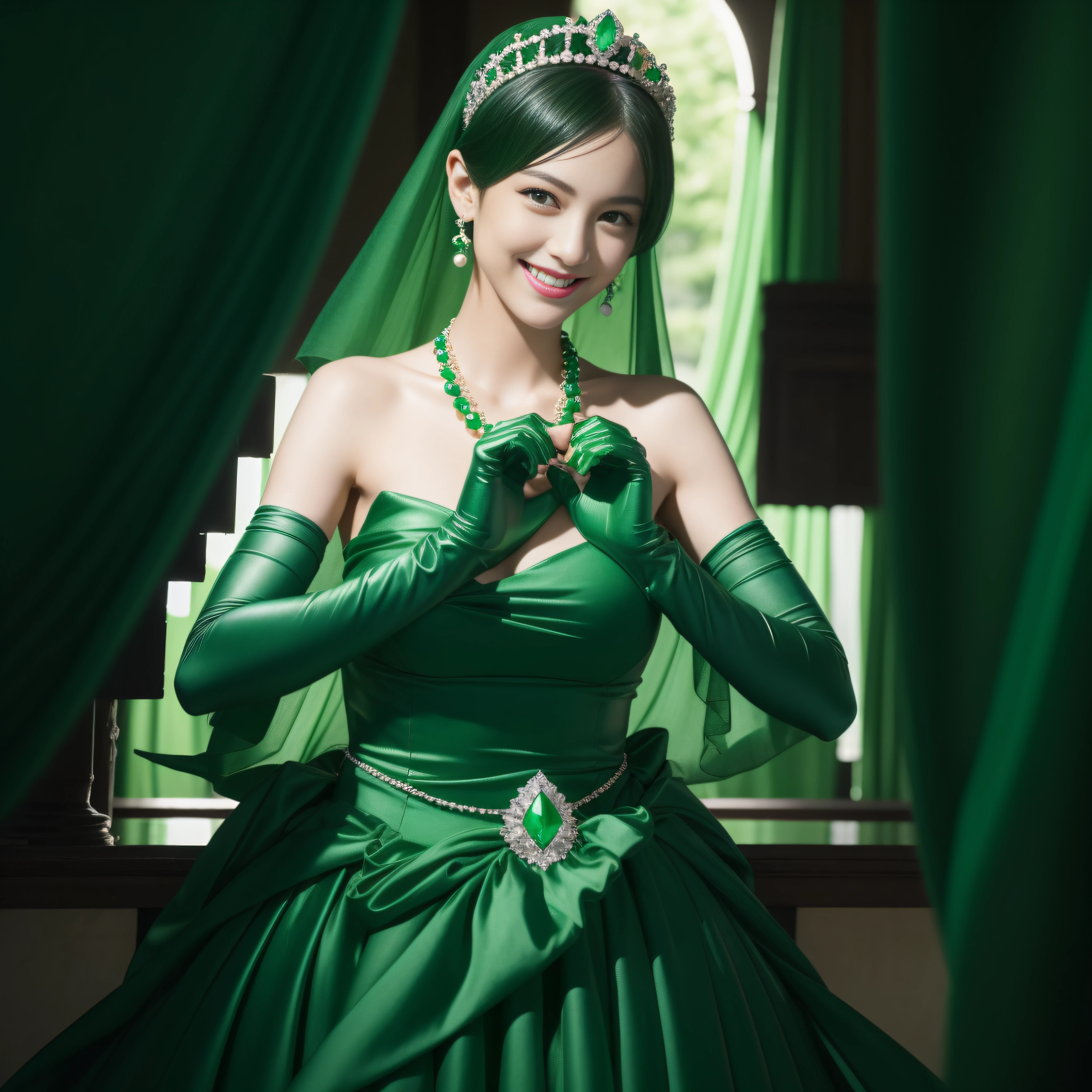 emerald tiara, Green Pearl Necklace, Boyish very short black hair, lipsticks, Japan woman smiling, very short short hair, big breasts beautiful, Green eyes, Long green gloves made of satin material, Green eyes, Emerald Earrings, Day Church, Fold your hands
