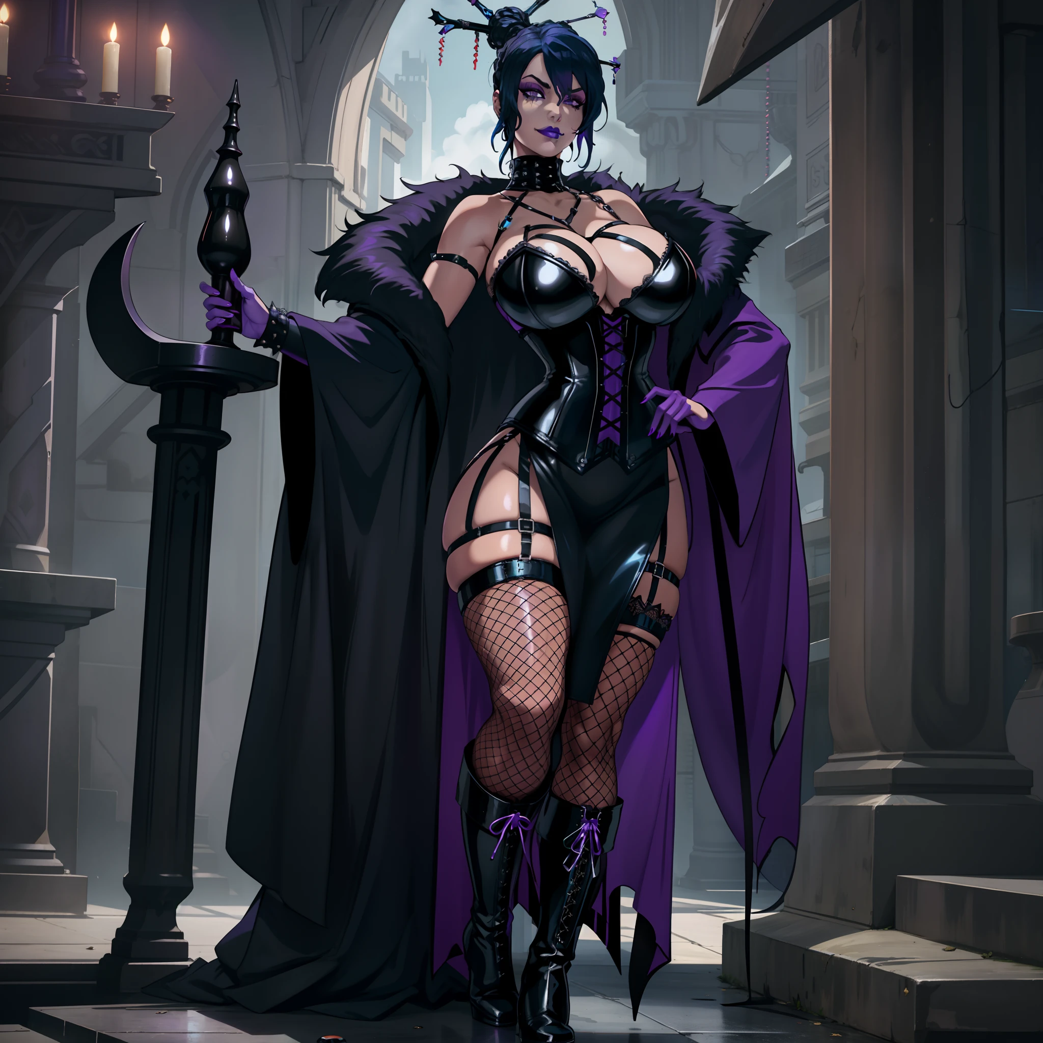 thicc Gothic female wearing sexy fur lined robe with sexy purple dress under it, has blue hair, thicc, wearing fishnets, nsfw, lewd, black lipstick, dominatrix aesthetic, BDSM gear, dominant, evil, sensual grin, wearing corset with bustier, rivets, wearing thigh high combat boots, solo, alone, (SOLO)(ALONE)