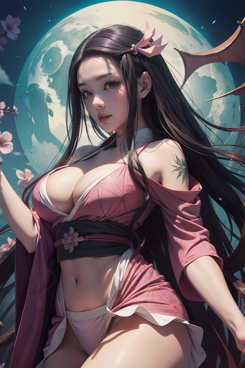foto ultra realista de Nezuko kamado deusa da beleza, 8k, UHD, hottie com seios ultra gigantes, enormes seios longos saindo de seu quimono, with long hair and a sexy pink Japanese kimono, She doesn't wear panties showing , pelos ossos pubianos mostrando, Nezuko with a piece of bamboo, (Nezuko, Nezuko-chan, Demon Slayer art style, Kimetsu no yaiba), Hentai personagem de anime feminino, (Nezuko, In his demonic form, Seios enormes, seios longos gigantes, seus seios saem de seu quimono, Mostrando seios bonitos), The length of her ultra-giant breasts goes all the way to her toned belly, She has leaf tattoos running all over her sexy erotic body, Demon Slayer rui fanart, empunhando kunai, Marin Kitagawa Fanart, arte por anime limpo e detalhado, uma mulher berserker muito bonita, por Kamagurka, arte profissional, Detalhe perfeito, (Nezuko kamado in her demonic form based on the demon Slayer Kimetsu no yaiba), Pornografia