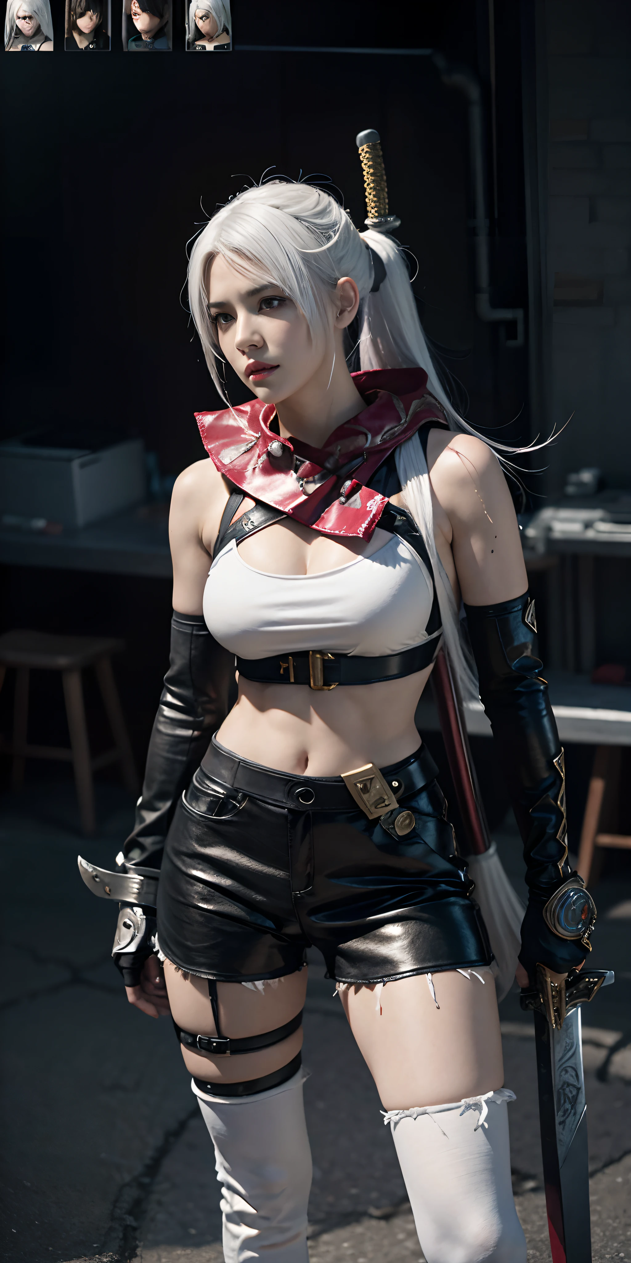 photography awards, masterpiece, blue hair, blue eyes, photorealistic, high resolution, soft light, signora \\(genshin impact\\) , large breasts, long hair, mature female, one eye covered, jewelry, mask, black gloves, elbow gloves, fur trim, dress, coat, BLONDE HAIR, LONG HAIR,EYEPATCH, MASK,BLUE EYES,DRESS,FUR TRIM, HUGE BREASTS, BARE SHOULDERS, NAVEL, CLEAVAGE
