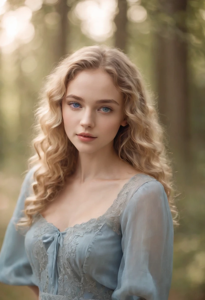 "Full body portrait of a charming 18 year old women with curly light hair, petite figure, beautiful face, captivating blue eyes, and modest bust size, showcasing her natural beauty."