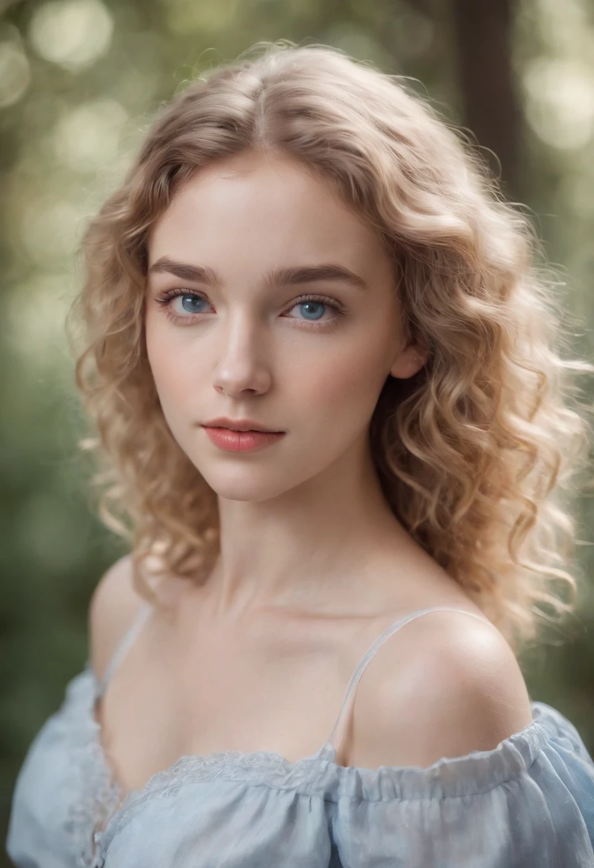 "Full body portrait of a charming 18 year old women with curly light hair, petite figure, beautiful face, captivating blue eyes, and modest bust size, showcasing her natural beauty."