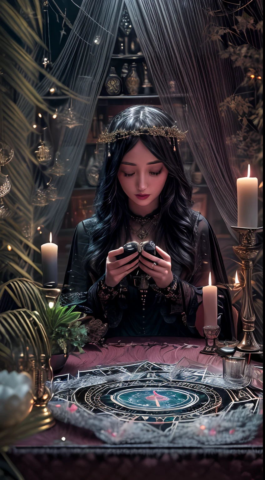 (masterpiece, high resolution:1.3), (Portrait photo of a woman in her dark and mysterious environment:1.2), (Sony Alpha 1 camera, renowned for capturing exceptional detail and low-light performance:1.2), (paired with the Sony FE 24-70mm f/2.8 GM lens for a versatile and sharp composition:1.2), (the woman surrounded by an aura of mystery and intrigue:1.1), (her dark clothing and enigmatic expression adding to the atmosphere:1.1), (Sony Alpha 1 camera capturing the intricate textures and subtle shades in the low-light setting:1.2), (a table adorned with tarot cards, spread out in a mystic formation:1.1), (candles flickering, casting dancing shadows around the room:1.1), (the dim lighting adding to the ambiance of secrecy and mysticism:1.1), (the woman's eyes focused on the cards, as if seeking answers from the unknown:1.1), (a crystal ball nearby, adding to the mystical setting:1.1), (symbols of astrology and esoteric knowledge decorating the room:1.1), (a hint of incense in the air, adding to the sensory experience:1.1), (the photo capturing the woman's connection with the spiritual world and her mysterious aura:1.1), (a moment frozen in time, capturing the intense and introspective atmosphere of divination:1.1), (an image that invites viewers into a world of magic and spiritual insight, leaving them intrigued and curious:1.1), Cinematic, Hyper-detailed, insane details, Beautifully color graded, Unreal Engine, DOF, Super-Resolution, Megapixel, Cinematic Lightning, Anti-Aliasing, FKAA, TXAA, RTX, SSAO, Post Processing, Post Production, Tone Mapping, CGI, VFX, SFX, Insanely detailed and intricate, Hyper maximalist, Hyper realistic, Volumetric, Photorealistic, ultra photoreal, ultra-detailed, intricate details, 8K, Super detailed, Full color, Volumetric lightning, HDR, Realistic, Unreal Engine, 16K, Sharp focus, Octane render, look at camera, center