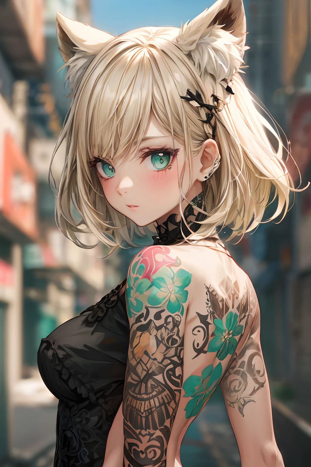 Blonde Long Hair Eye Color Green Tattooed Black Dress Delicate Background Cyberpunk High Resolution 8K