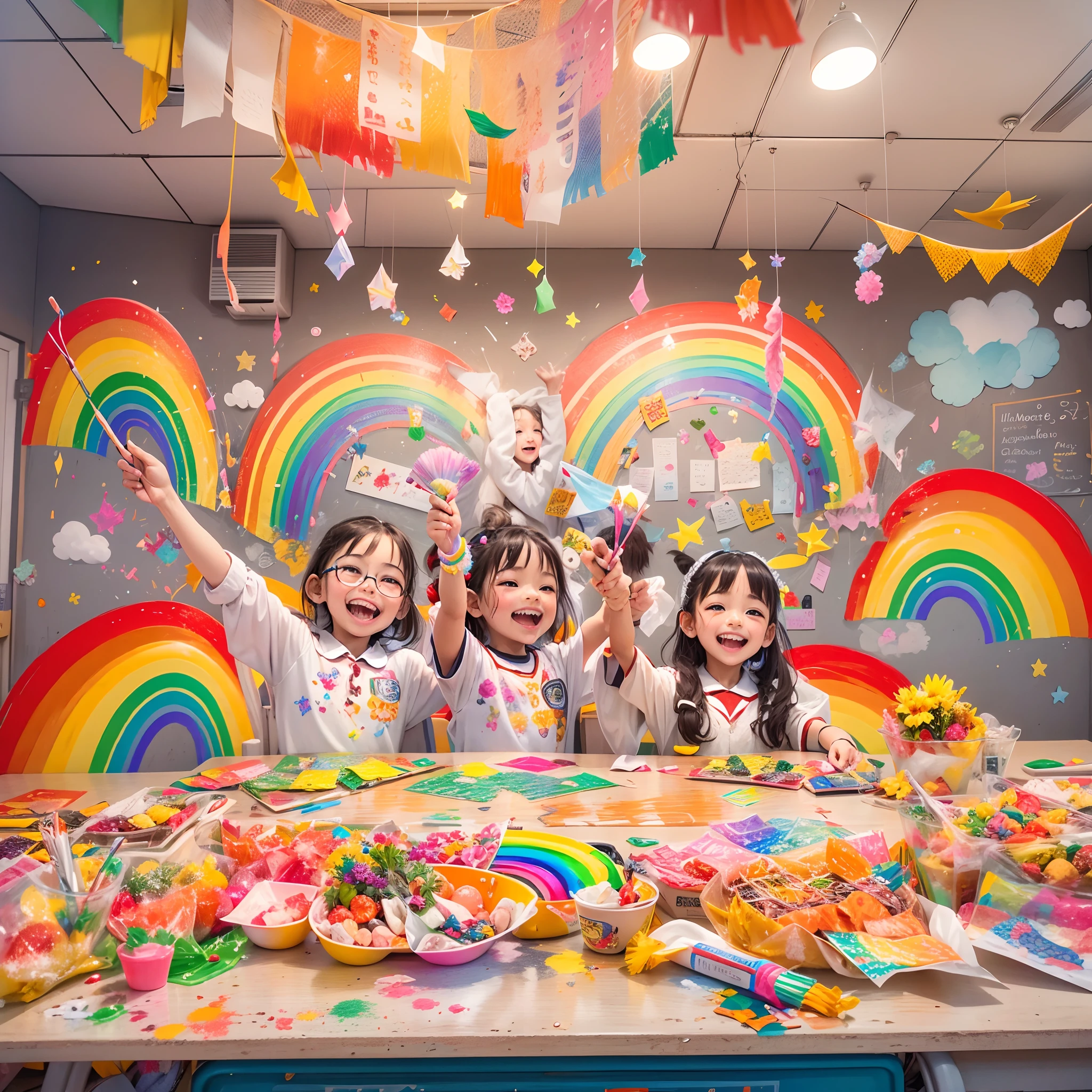 Rainbow-themed activities in kindergarten,Classroom,Girl with colorful brush,Joyful laughter,bright vibrant colors,Children in rainbow color costumes,Artistic expression and creativity,Full of happiness and excitement,Cheerful and fun atmosphere,Beautifully decorated classroom walls,Paper cuts and crafts hanging from the ceiling,With a giant rainbow painting as the core,Expressive and imaginative artwork,Glitter and glitter add a magical touch,A smiling face full of pride and accomplishment,Cute rainbow themed snacks and snacks,Parents and teachers applaud children's creativity,Unforgettable and heartwarming moments,Best quality,high resolution,Masterpiece,Ultra-detailed,Realistic,Portrait style,Vivid and vibrant colors,Warm and soft lighting