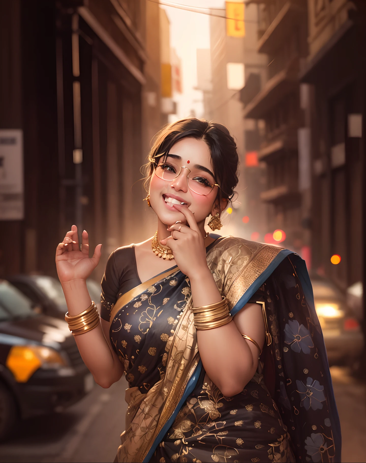 (((desi girl))), chubby face, natural skin, wearing hot deep neck top and dupatta, charming black hair, ((hair ends are blonde)), city streets background, bokeh . Original smile face realistic