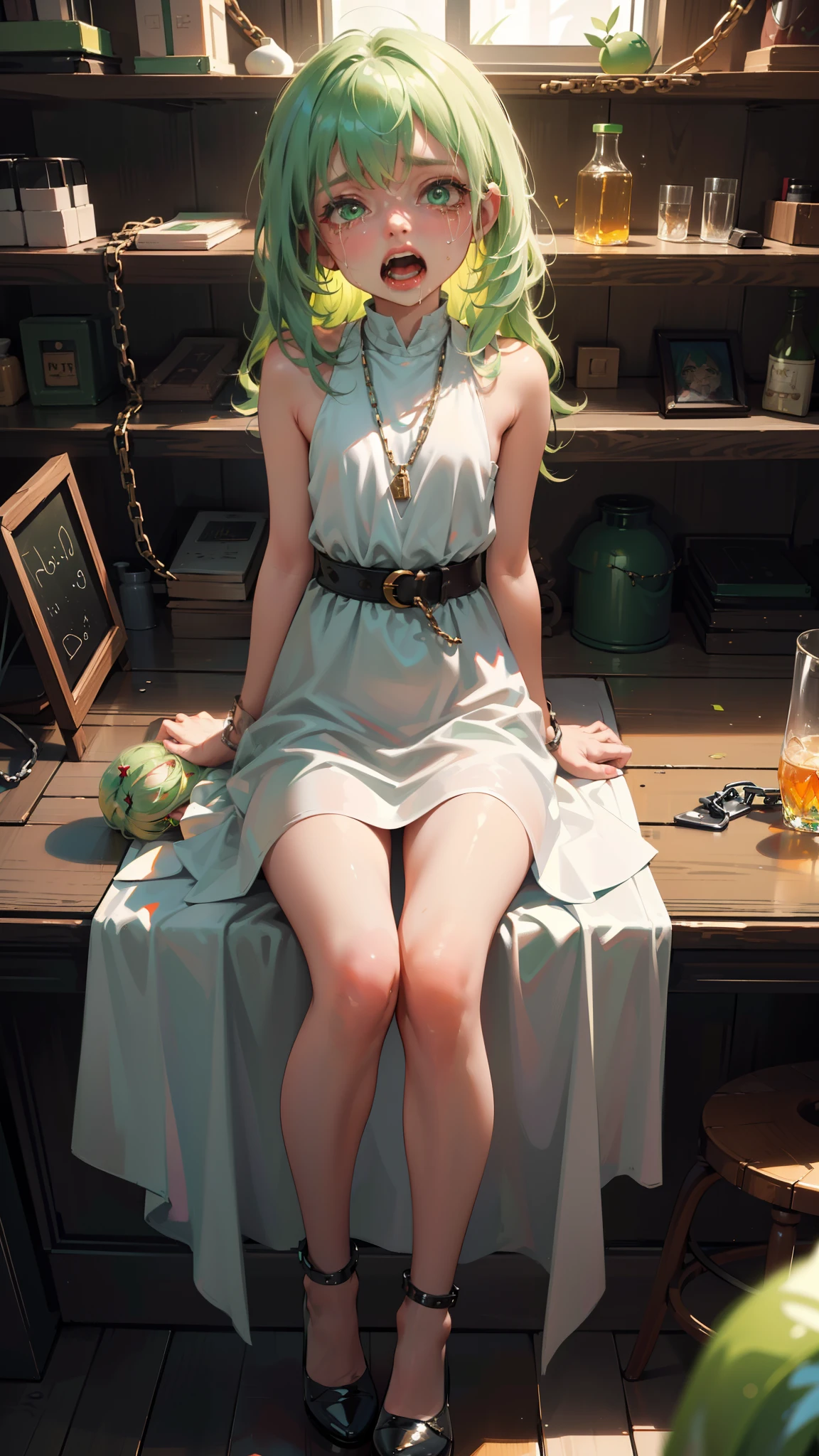 (Original Character,8K, Masterpiece, Best quality,Detailed, Solo),((1 loli girl,4 years old)),((Small body)),Little white dress,Green hair,Long hair,Loli,Solo,Green eyes,Cute,Cowboy shot,(Sit in an iron chair in a dark lab,Chains on legs and arms,Around the chain,Crying,Screaming)