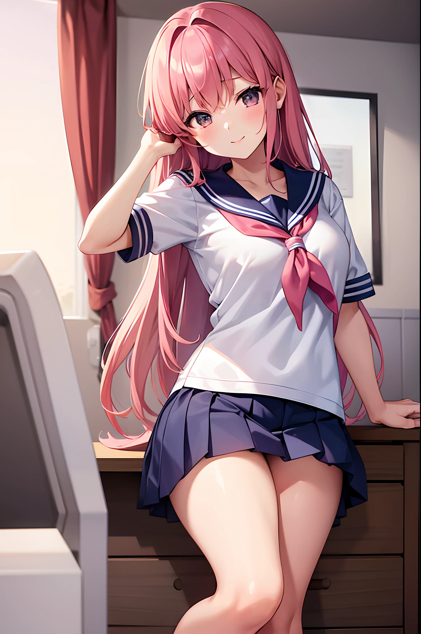 High school girl in a sailor suit with pink hair and a thick miniskirt in the infirmary