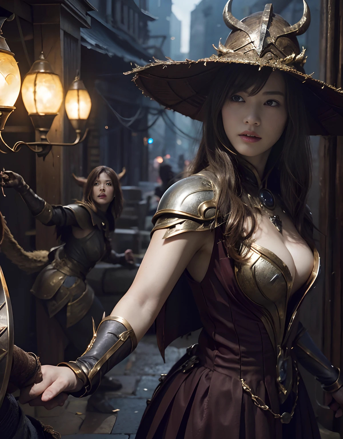 (One Knight Girl)、top-quality、​masterpiece、超A high resolution、(Photorealsitic:1.4)、Raw photo、女の子1人、（Wear the Dark Knight's Armor）、glowy skin、(((Dark Fantasy)))、Fight with beautiful swords and shields、(((Mystical expression))),（Gorgeous gold metal body）、(Fight goblins、ogre、Fierce battle with orcs),（Fighting strong enemies）、Fight fiercely、(Background of decaying dungeon ruins)、（Ultimate Beauty）、（Detailed knight's helmet）、(Fighting Demonic Beasts)、(Wizard Hat)、((super realistic details))、portlate、(Strong giant demon beast background),globalillumination、Shadow、octan render、8K、ultrasharp、Colossal tits、Raw skin is exposed in cleavage、metals、Details of complex ornaments、Japan details、highly intricate detail、Realistic light、(Mystical expression),CGSoation Trends、Red Eyes、radiant eyes、Facing the camera)、Gundam、Small LED、Toostock、（Background of the mutation）、（Attack of the Monster Beasts）、Ultimate Beauty、beautiful female knight、Wear colorful armor、Detailed sword、（Wearing legendary armor）、