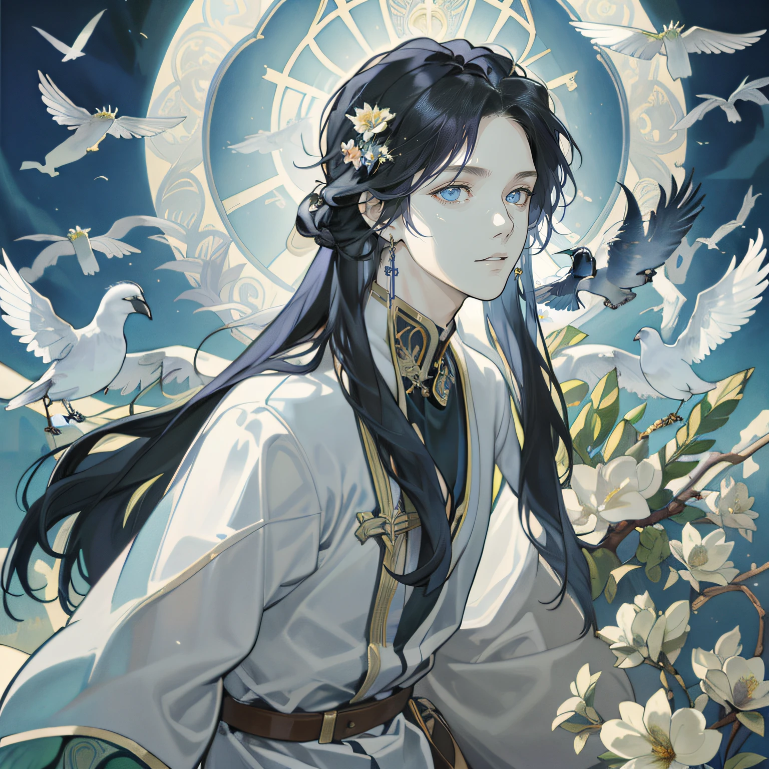 (masuter piece,Best Quality,Ultra-detailed), (A detailed face),1 juvenile, male, , A long straight dark-haired, LONG HAIRSTYLE, long lenght, Tarot Cards,troubadour,Flowers and Birds Fugetsu,Visual Arts,occult,Vision casting,Philosophy,Numerology,Alphonse Mucha