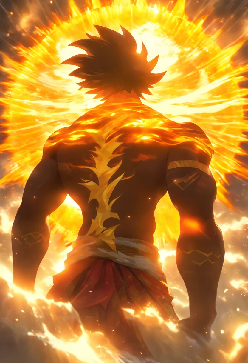 (((Carrying the sun on your back))) best quality, ultra-high resolution, 4K detailed CG, master piece,Maui,Hawaiian God,black hair,carrying sun,Hawaiian Clothing, maori,Hawaiian Mythology,Hawaii,Style of Maori painting, aesthetics, Beautiful image, depth of field, centered image