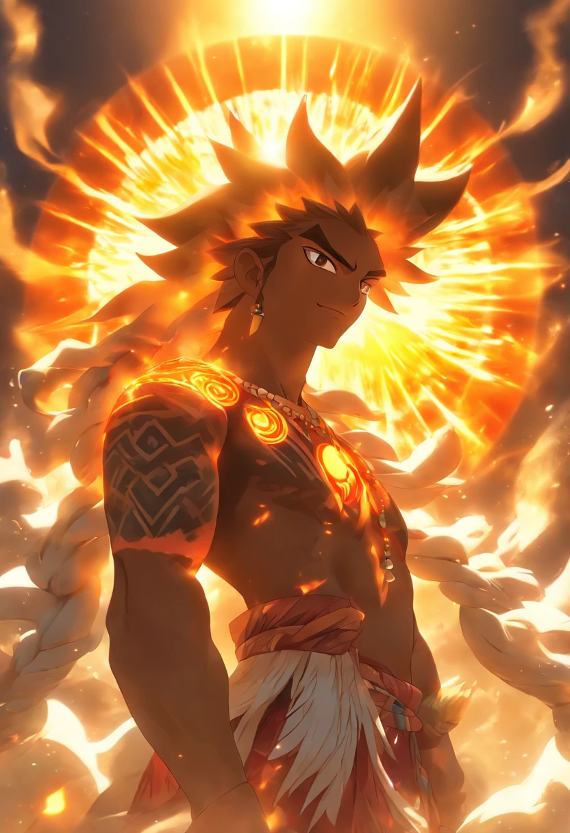 (((Carrying the sun on your back))) best quality, ultra-high resolution, 4K detailed CG, master piece,Maui,Hawaiian God,black hair,carrying sun,Hawaiian Clothing, maori,Hawaiian Mythology,Hawaii,Style of Maori painting, aesthetics, Beautiful image, depth of field, centered image