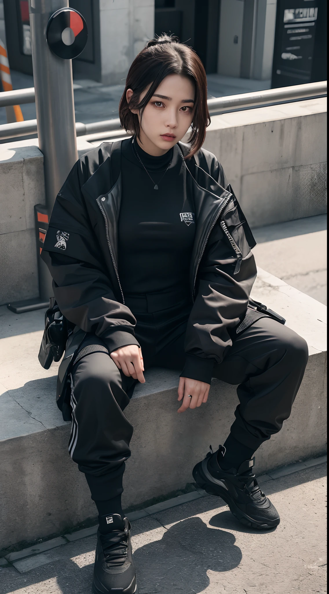 8K, RAW photos, Best quality, Masterpiece: 1.2),(best qualtiy,8K, Yes,32K,masterpiece,hyper HD:1.2) , 20 years old, arafed girl sitting on a ledge with his feet up, 2 techwear women, wearing japanese techwear, photograph of a techwear woman, wearing urban techwear, techwear look and clothes, cargo pants. cyberpunk city, wearing cyberpunk streetwear, techwear clothes, wearing space techwear, techwear fashion, cyberpunk streetwear, she is wearing streetwear