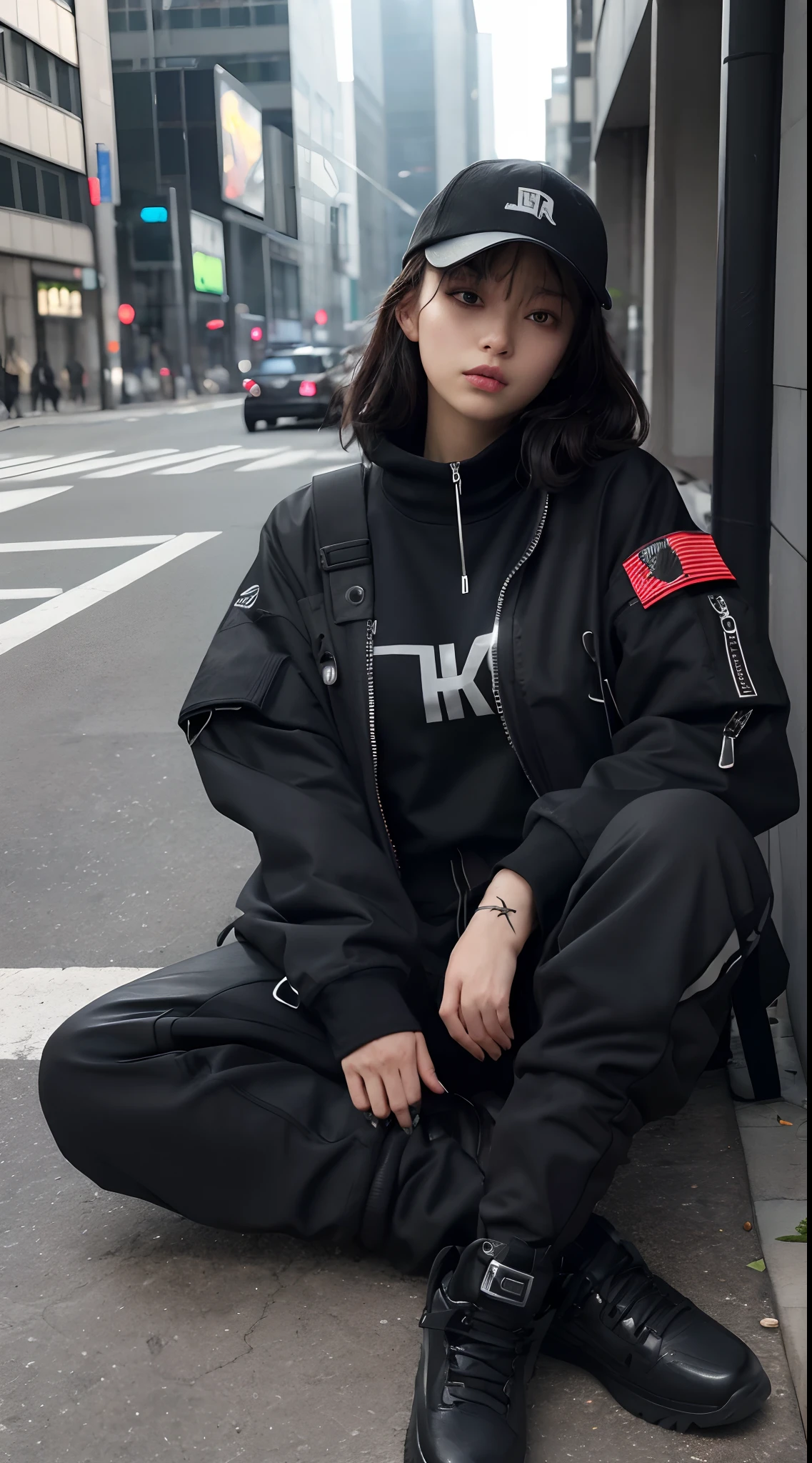 8K, RAW photos, Best quality, Masterpiece: 1.2),(best qualtiy，8K, Yes，32K，masterpiece，hyper HD：1.2) , 20 years old, arafed girl sitting on a ledge with his feet up, 2 techwear women, wearing japanese techwear, photograph of a techwear woman, wearing urban techwear, techwear look and clothes, cargo pants. cyberpunk city, wearing cyberpunk streetwear, techwear clothes, wearing space techwear, techwear fashion, cyberpunk streetwear, she is wearing streetwear