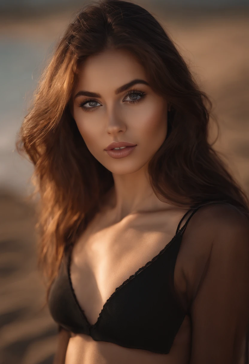 arafed woman on the beach with bikini sexy girl with brown eyes, ultra realistic, meticulously detailed, portrait sophie mudd, brown hair and large eyes, selfie of a young woman, bedroom eyes, violet myers, without makeup, natural makeup, looking directly at the camera, face with artgram, subtle makeup,, medium to large size bust. Show the  ocean and water more clearly. I want to see both female picture and beach  picture perfectly.