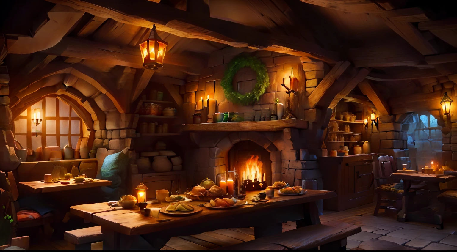 a close up of a table with a lot of food on it, a multidimensional cozy tavern, dimly-lit cozy tavern, dimly lit cozy tavern, in fantasy tavern near fireplace, medieval tavern, fantasy tavern background, cosy enchanted scene, in his hobbit home, tavern background, cozy environment, inside a medieval hobbit home, medieval cottage interior, cozy place