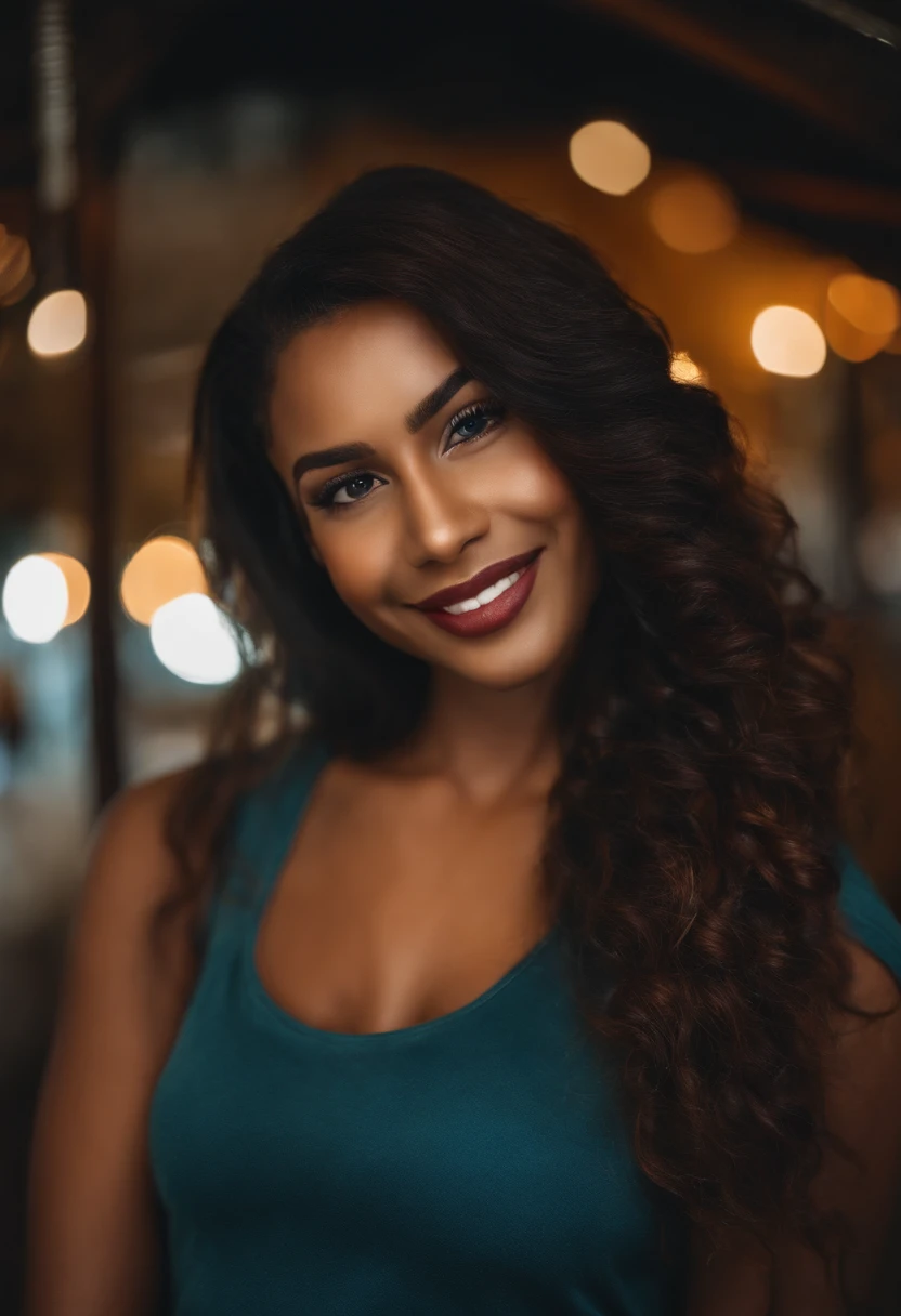 retrato, selfie angle, Face of beautiful girl, pele branca, cabelo liso preto, smile expression, delineado, batom vermelho.
