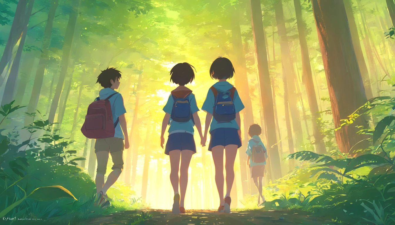Generate a masterpiece, anime, viewed from front upcloser look, melancholy of five or more children's enjoying themselves while roaming, forest, backpack, trees, sun, sunlight, hd wallpaper, ( ( makoto shinkai ) ), official art, guweiz and makoto shinkai, artwork in the style of guweiz, guweiz, ross tran and makoto shinkai, guweiz on pixiv artstation