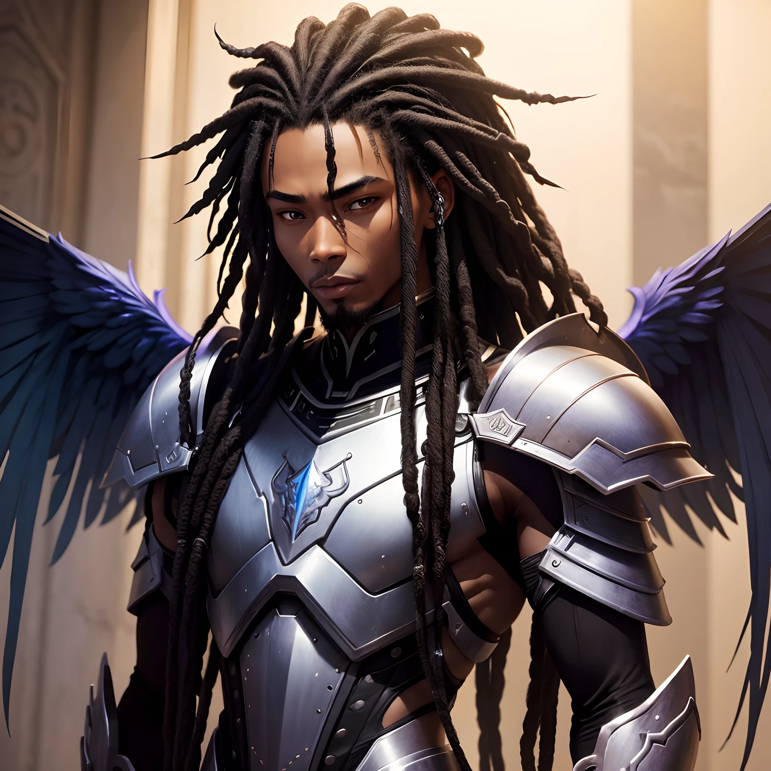 Black man retinto long dreads with Asian features with armor steals futuristic color possessed two pairs of gleaming wings