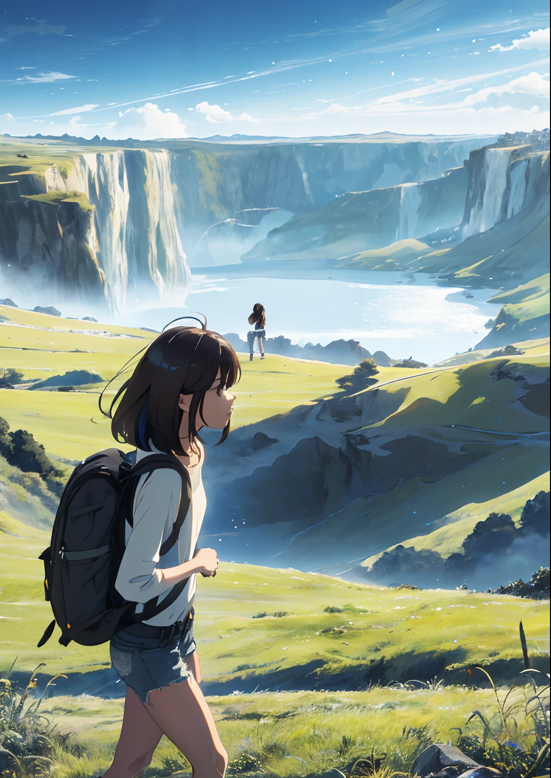 (beautiful and magnificent skyline, majestic sky), (extremely tense and dramatic pictures, moving visual effects), (high hanging Polaris, colorful natural light), (1girl), (long-sleeved top, denim shorts, carrying a backpack), (dynamic pose:1.3, black eyes, black hime-cut hair, sparkling girl)[:0.8], (large grassland), (oncoming breeze), (brown hair and background Coordination effect: 1.2), (close shot, long shot mix and match)[::0.9]