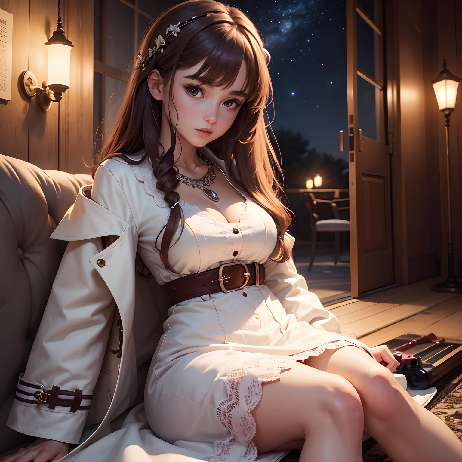 High detail CG,rich details,Under the stars at night,red wine,Dress normally,White coat,Successful girls,Wear an exaggerated necklace,Brown hair long,sat on the ground,The art of clocking in