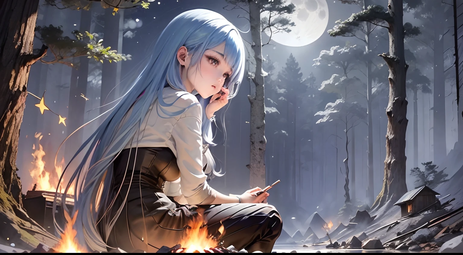 A beautiful girl is reflecting on herself in front of a burning campfire, in an anime cartoon character, in the middle of a dense forest, on a night full of stars and a full moon