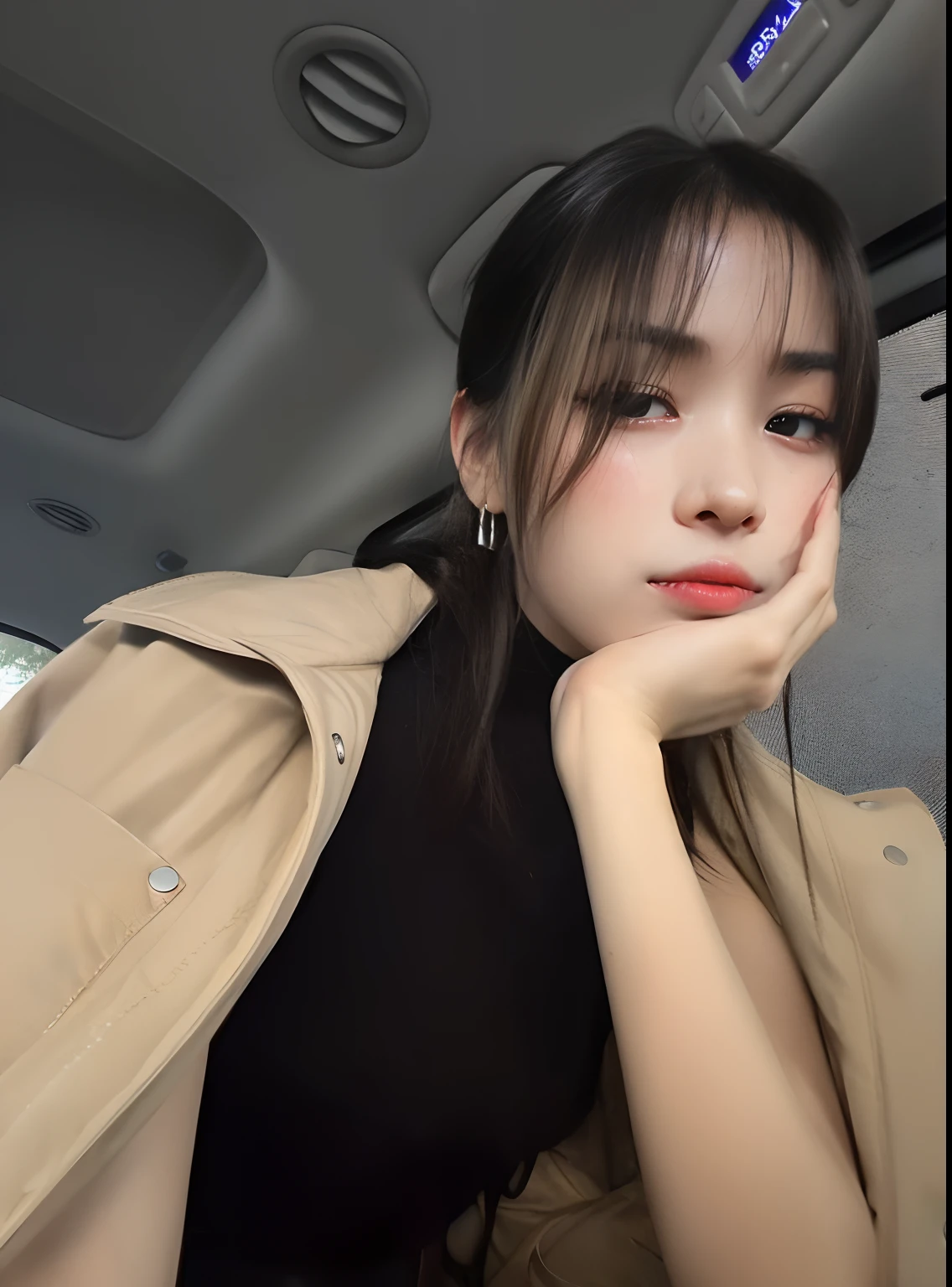 cute girl with slanted eyes, thin lips and thin nose, with blonde hair