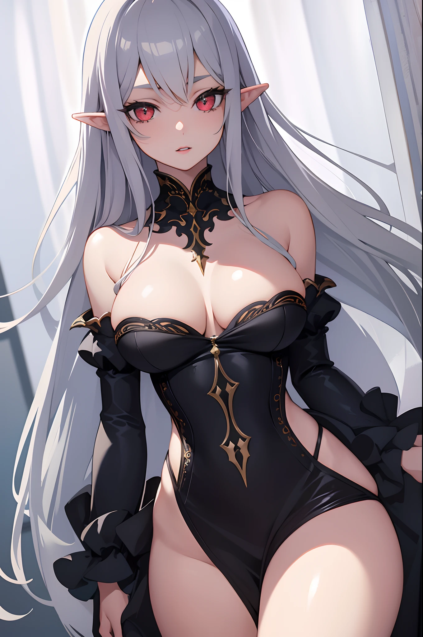 1girl, anime, cute girl, elf, blank background, white background, fantasy, detailed dark fantasy dress with highlights, beautiful face, beautiful eyes, dark colors, medium breasts, slight cleavage, beautiful skin, cute, silver hair, red eyes, breast curtains, extremely delicate and beautiful, (beautiful detailed face:1.0), (detailed deep eyes), symmetrical breasts, deep eyes, shiny skin, portrait, slender waist, hips wider than shoulders, thighs, young girl