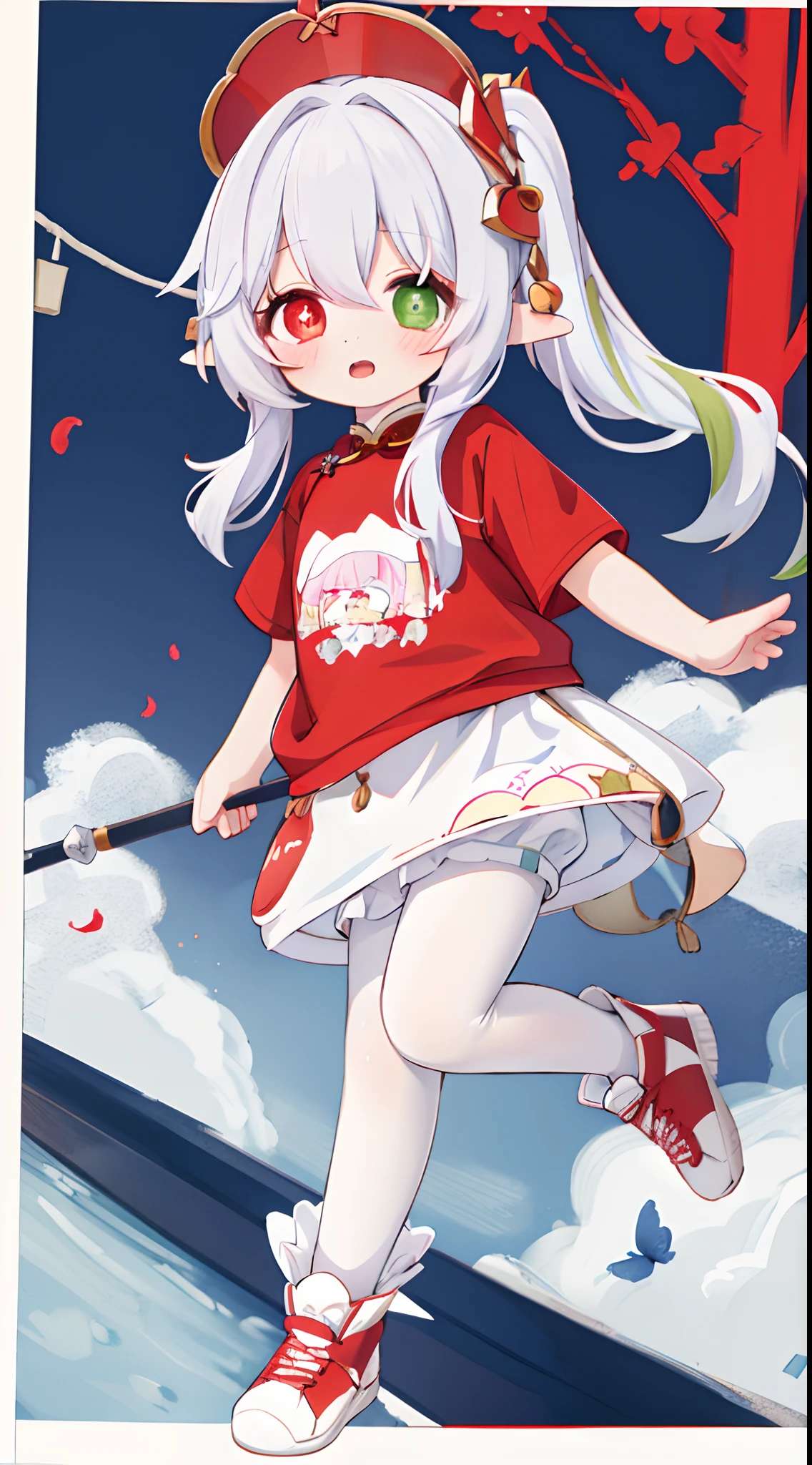 1girll, Solo, redheadwear,Heterochromia, The eye, Long hair, dual horsetail,shirt, Open mouth, astonishment,shyexpression,red colour,tee shirt,shirt。Red Chinese knot sweatshirt,Hood, view the viewer, kazami yuuka, Open clothes, bangs,denim short,lacepantyhose,athletic sneakers,Full body photo