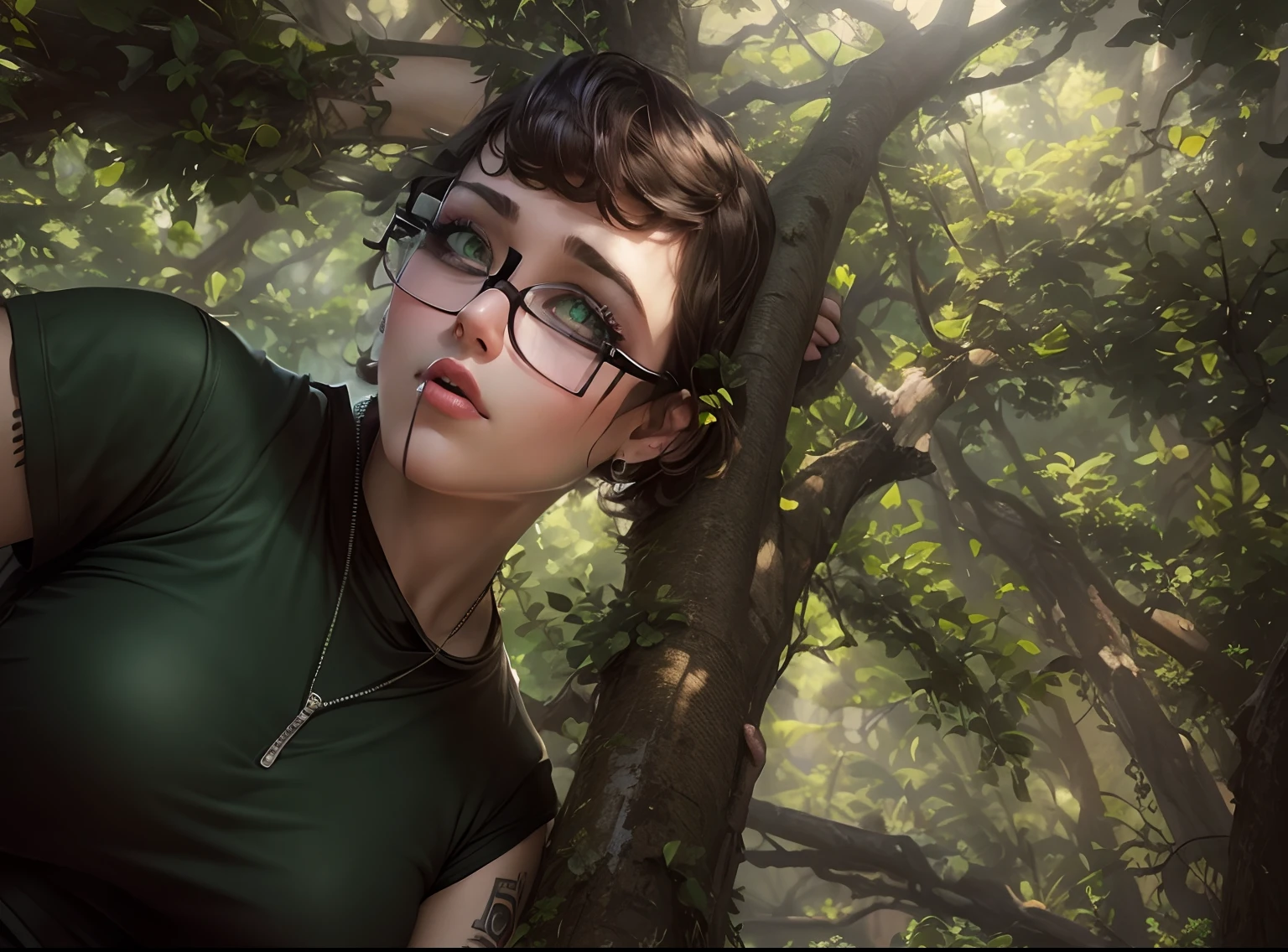 punk girl wearing glasses and a dark shirt, blurred green grass and trees in the background, short brown hair, detailed face, high quality, high resolution