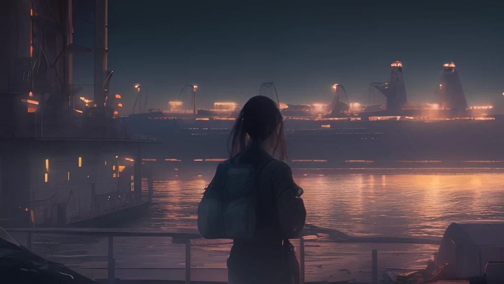 ​masterpiece,Top image quality,4k,8k)、Night view of the factory,Like Keihin Industrial Zone、A woman watches from the deck of a ship floating in the sea、Body with good style、Shooting from behind、Cinematic lighting、factories:0.8,femele:0.2
