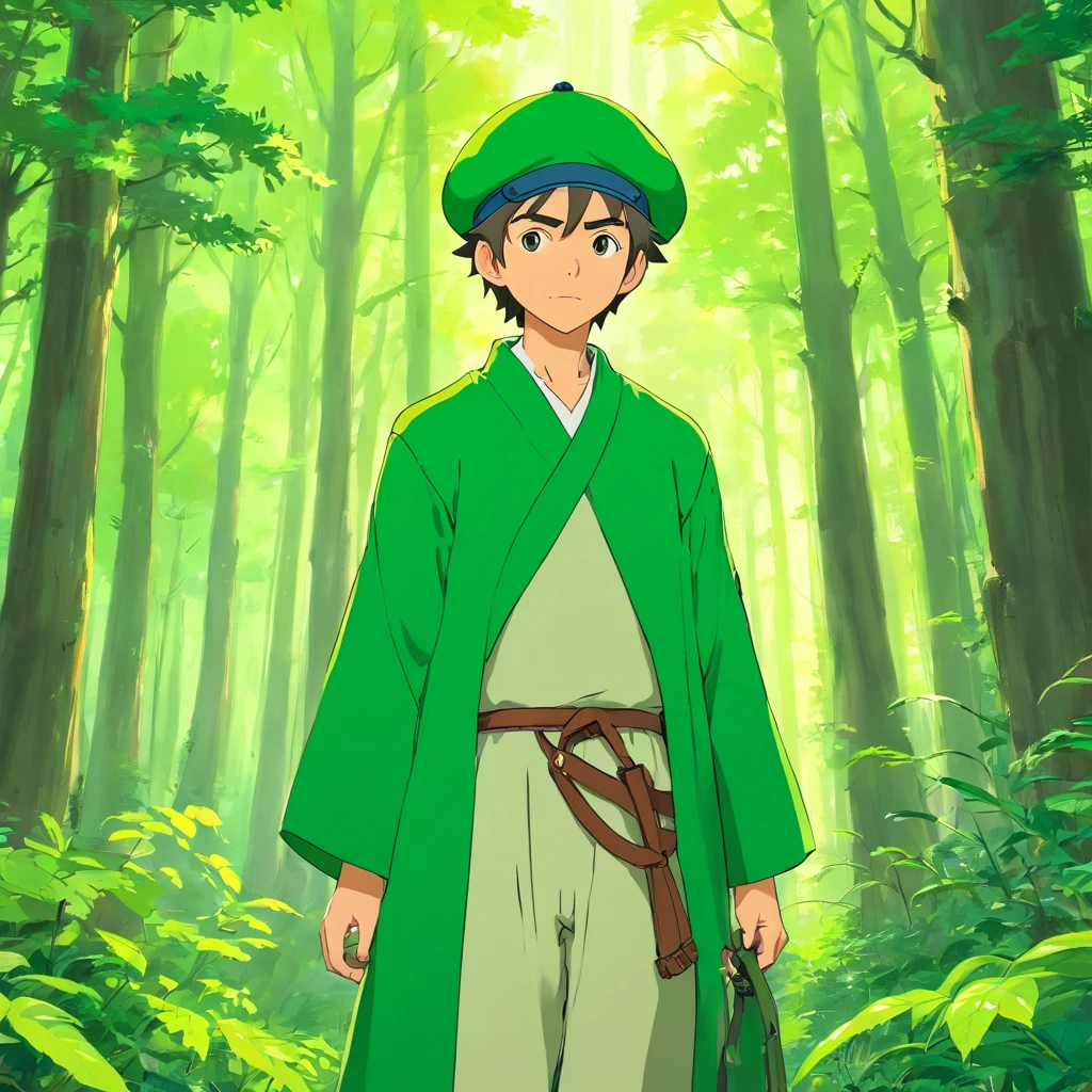 homem com roupa arqueiro verde, gorro verde, fundo floresta medieval