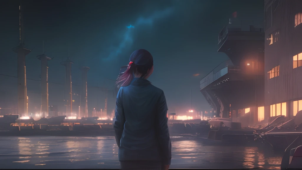 masterpiece,Top image quality,4k,8k)、Night view of the factory,Like Keihin Industrial Zone、A woman watches from the deck of a ship floating in the sea、Body with good style、Shooting from behind、Cinematic lighting、factories:0.8,femele:0.2