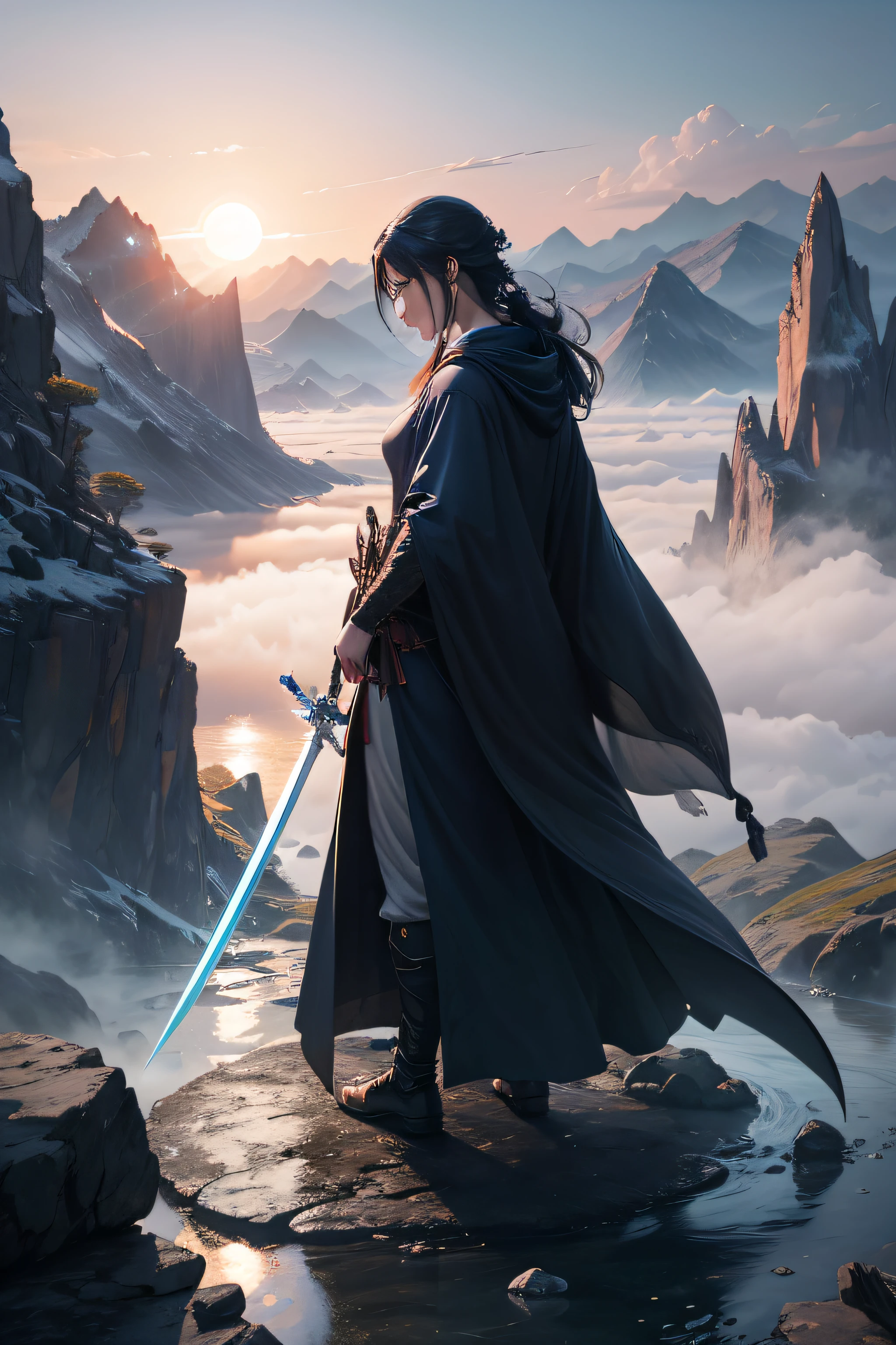 In an ancient valley，The sun rises，The morning fog is thick。Young Su Mu，Dressed in dark blue fairy robes，Holding a gorgeous sword，The sword body flashed with chaotic energy，The tip of the sword exudes a yin and yang glow。Su Mu's face was resolute and firm，He stood at the top of the mountain，The background is magnificent mountains and flowing water。On one side is the power of chaos，On one side is the balance of yin and yang，This image is full of mystery and power。