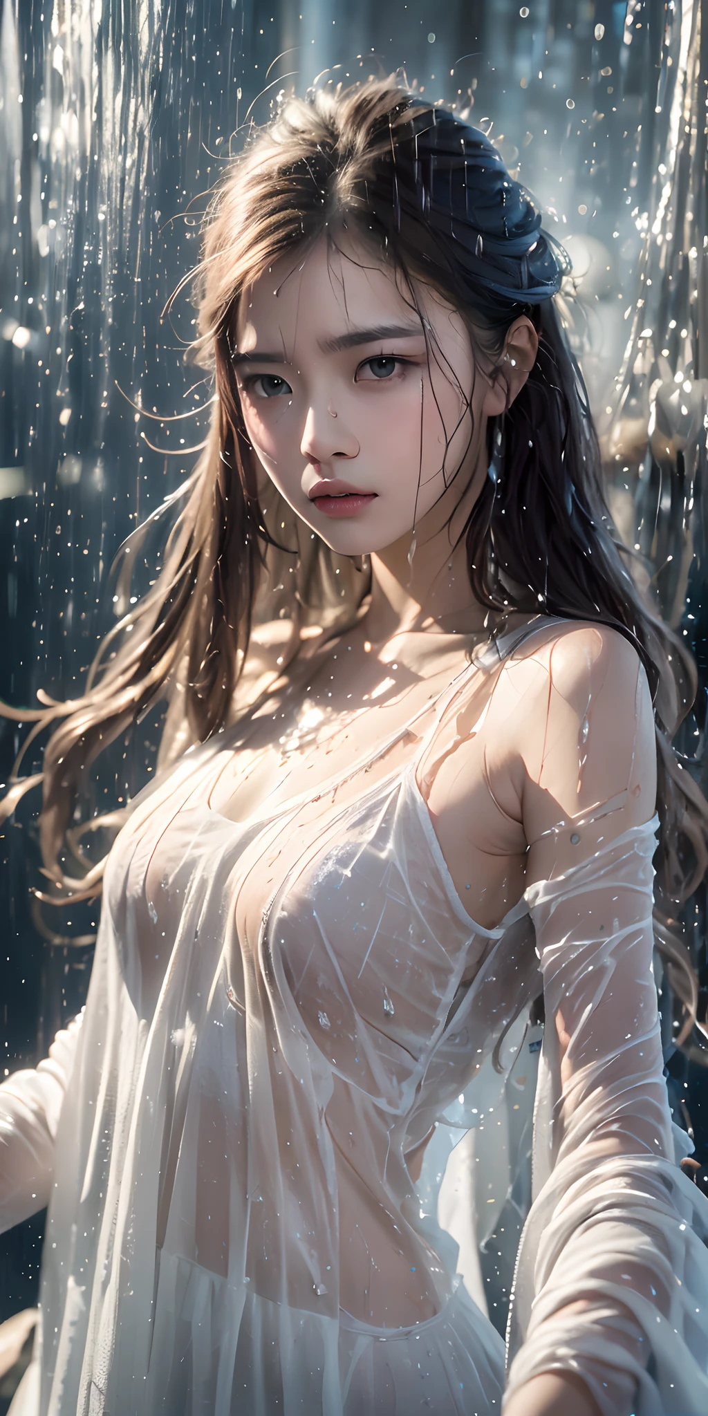 Best picture quality, masterpiece, ultra high resolution, (fidelity :1.4), photo, 1 girl,[(sadness)],white shirt, Dim, dark, desperate, pitying, pitiful, cinematic,tear,teardrop,(Torn clothes:1.5), (Wet clothes:1.4), bare shoulders,Real rain,wet hair,..