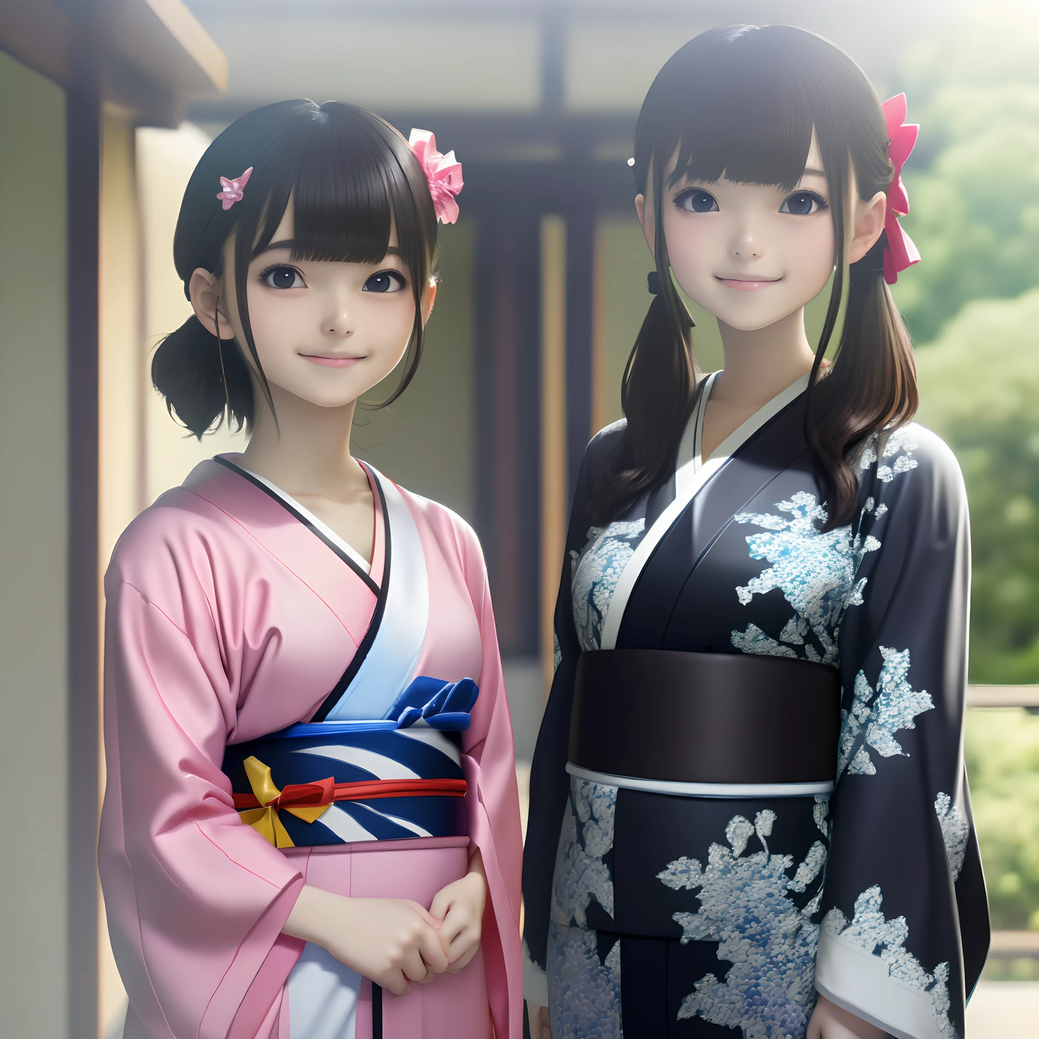 A warm, textured image of a cheerful and animated kimono-wearing young woman, showcasing the vibrant hues of her modern kimono, while her older sister, dressed in a flowing dress, remains as traditional. Their vibrant striped kimono is adorned with delicate embroidery and embellishments, adding a delicate touch to their dynamic ensemble. Soft, shallow depth of field is used to isolate their faces, emphasizing their innocence. wide aperture, shallow depth of field, standard lens, studio ghibli style