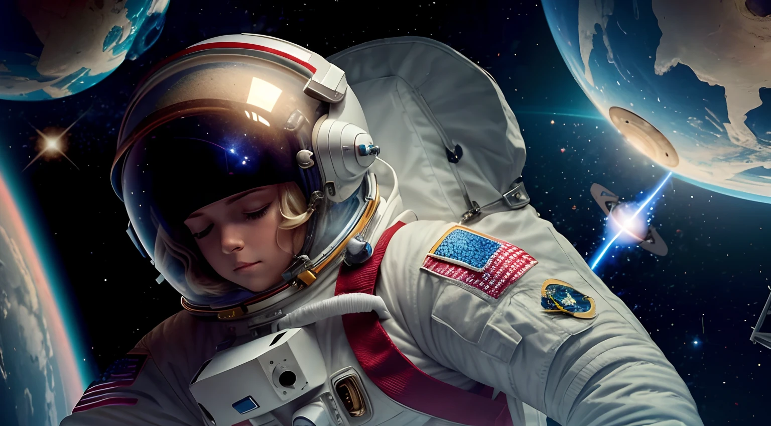 female astronaut floating in space, she has a space suit on and a space helmet, you can see her wearing headphones with the helmet on, blond hair, stars in the background are twinkling, planets in the background are rotating