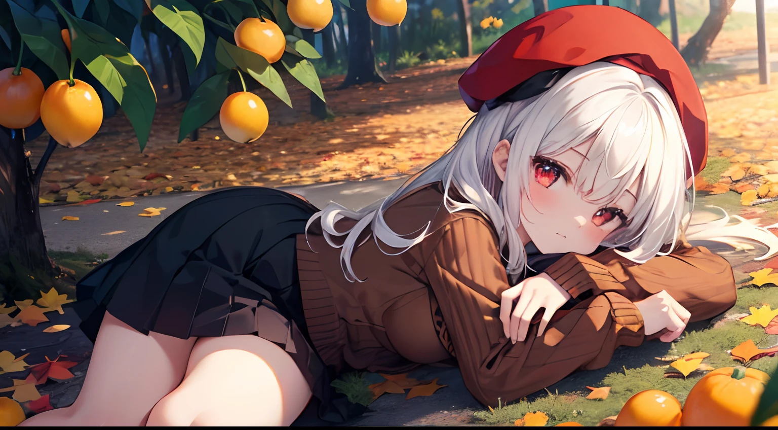 {high quality}, low angle shot, 1girl, {white hair}, {red eyes}, {low angle shot, 1girl, {white hair}, {red eyes}, {lying next to a kumquat tree}, row of golden osmanthus trees, {brown sweater}, {long dark blue skirt}, {orange beret}, {park}, {autumn}, {fall}