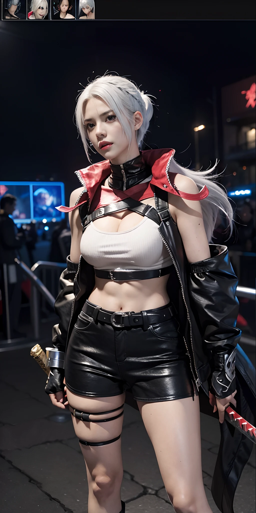 a close up of a person in a costume with a sword, as a character in tekken, female character, tifa lockhart with white hair, katana zero video game character, lunar themed attire, kda, slim body, cyborg - girl with silver hair, upper body avatar, fashion gameplay screenshot, fighting game character, new character, floralpunk elysian maiden, sigma female
