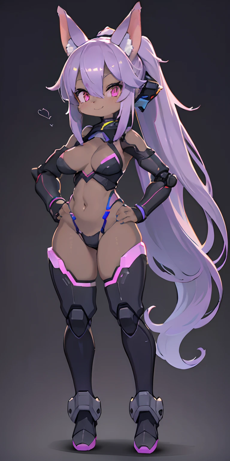 1girl, android, animal ear fluff, animal ears, bangs, breasts, dark-skinned female, dark skin, full body, gradient, gradient background, gray background, hair between eyes, hand on hip, joints, long hair, looking at viewer , navel, pink eyes, ponytail, purple hair, robot joints, smile, solo, standing, very long hair