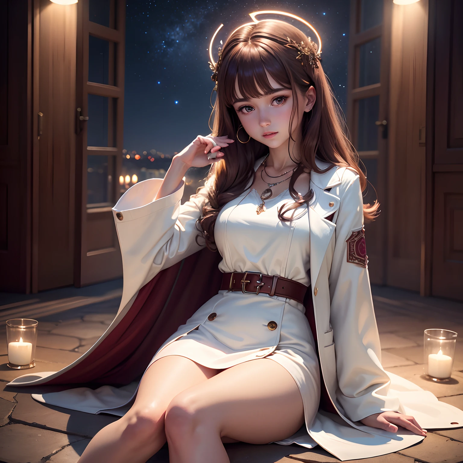 High detail CG,rich details,Under the stars at night,red wine,Dress normally,White coat,Successful girls,Wear an exaggerated necklace,Brown hair long,sat on the ground,The body exudes a halo,The art of clocking in