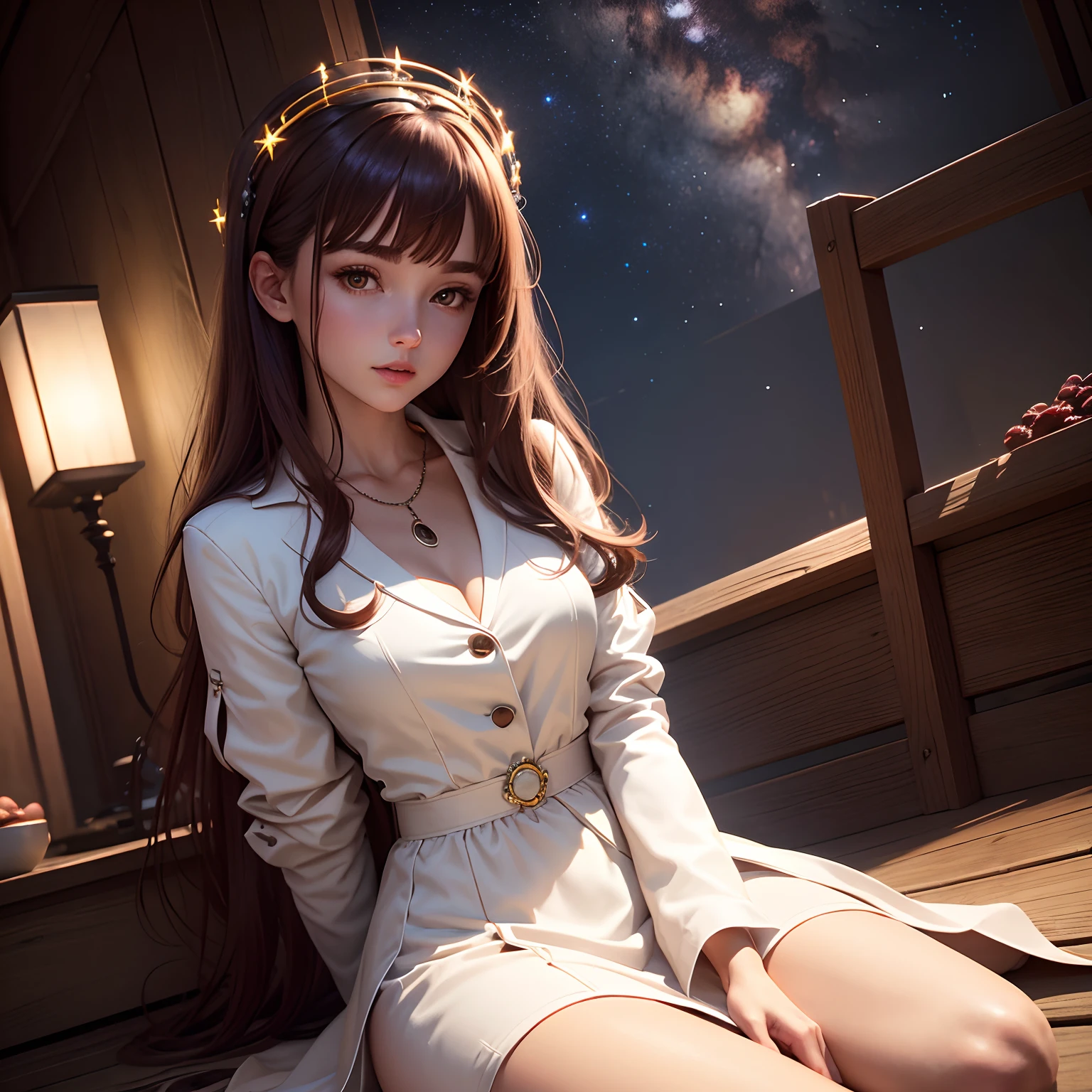 High detail CG,rich details,Under the stars at night,red wine,Dress normally,White coat,Successful girls,Wear an exaggerated necklace,Brown hair long,sat on the ground,The body exudes a halo,The art of clocking in