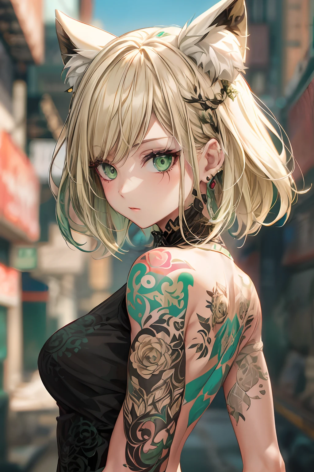 Blonde Long Hair Eye Color Green Tattooed Black Dress Delicate Background Cyberpunk High Resolution 8K