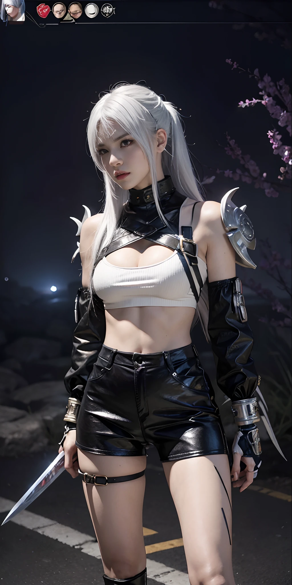 a close up of a person in a costume with a sword, as a character in tekken, female character, tifa lockhart with white hair, katana zero video game character, lunar themed attire, kda, slim body, cyborg - girl with silver hair, upper body avatar, fashion gameplay screenshot, fighting game character, new character, floralpunk elysian maiden, sigma female